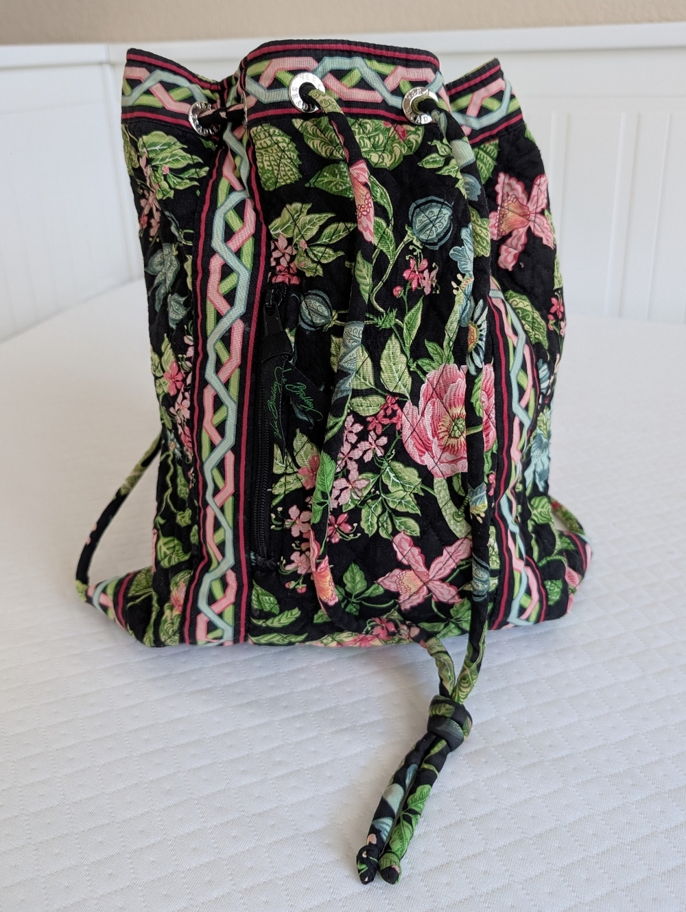 Vera Bradley drawstring quilted cotton backpack Botanica pattern green black